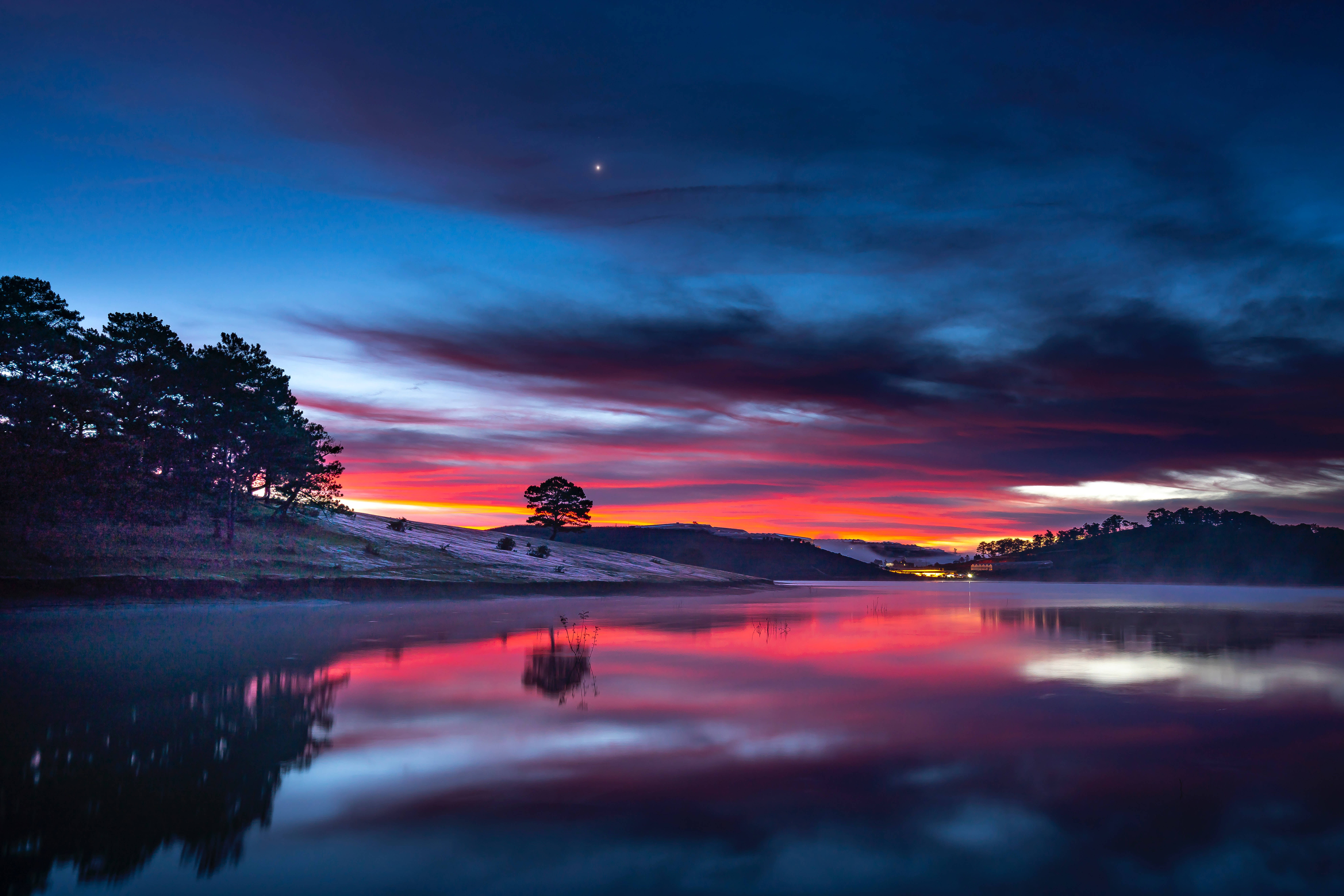 Dark Sky River View, twilight sky, fiery reds, 8K Desktop Wallpaper