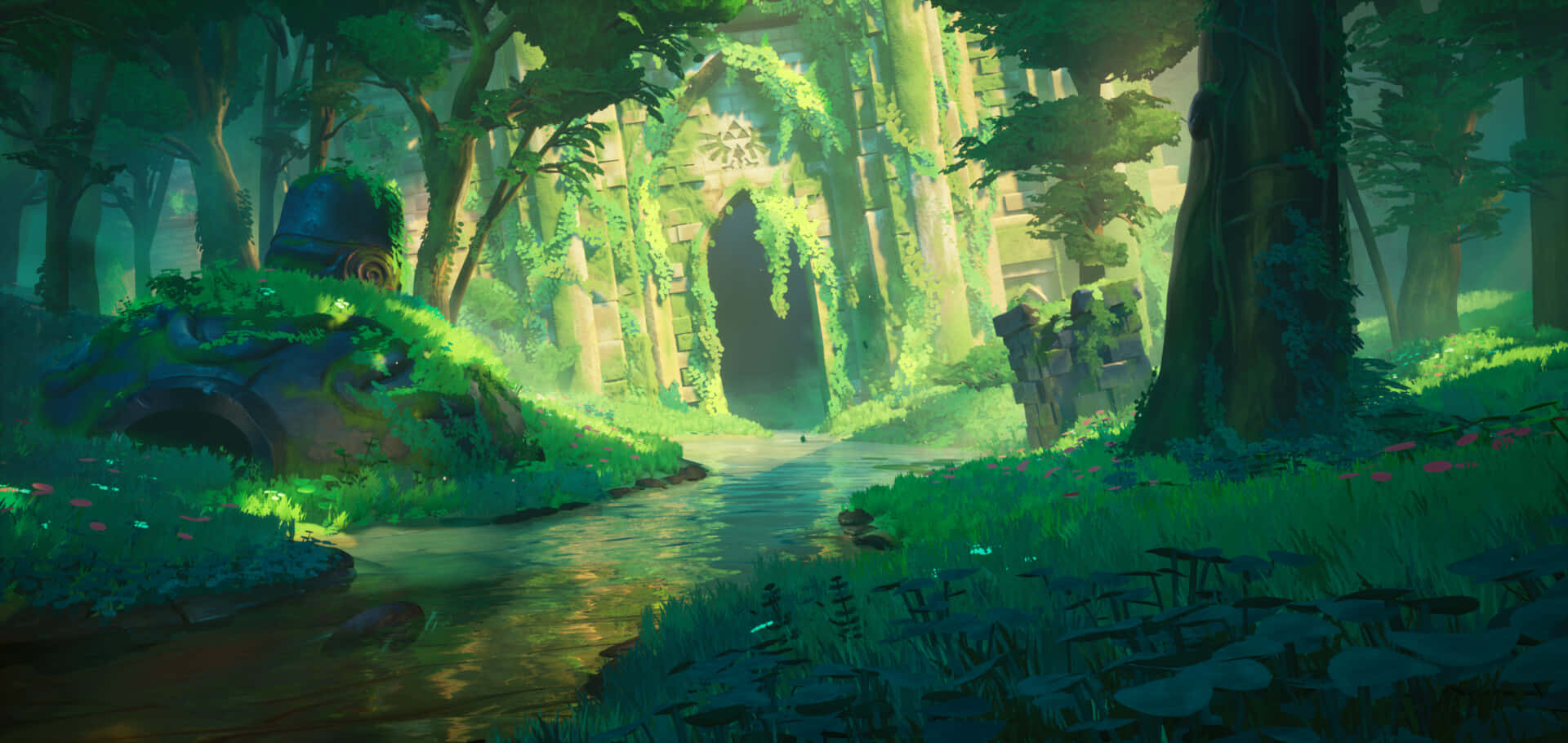 River, mossy stone archway, sunlight, Full HD Desktop Wallpaper