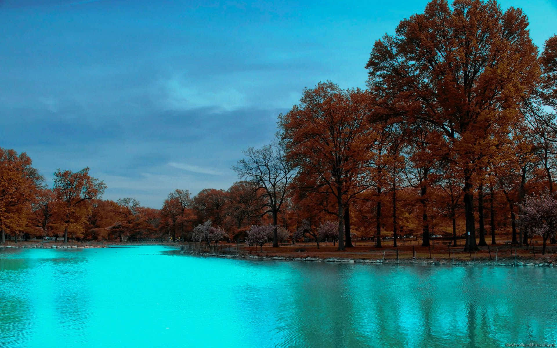 Blue River, autumn trees, turquoise water, Full HD Desktop Wallpaper