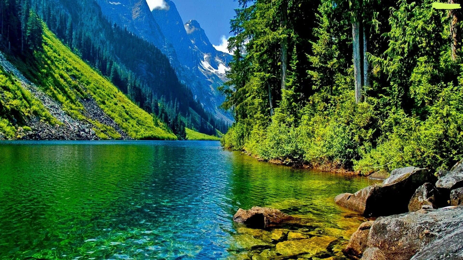 River, turquoise lake, snow-capped mountains, Full HD Desktop Wallpaper