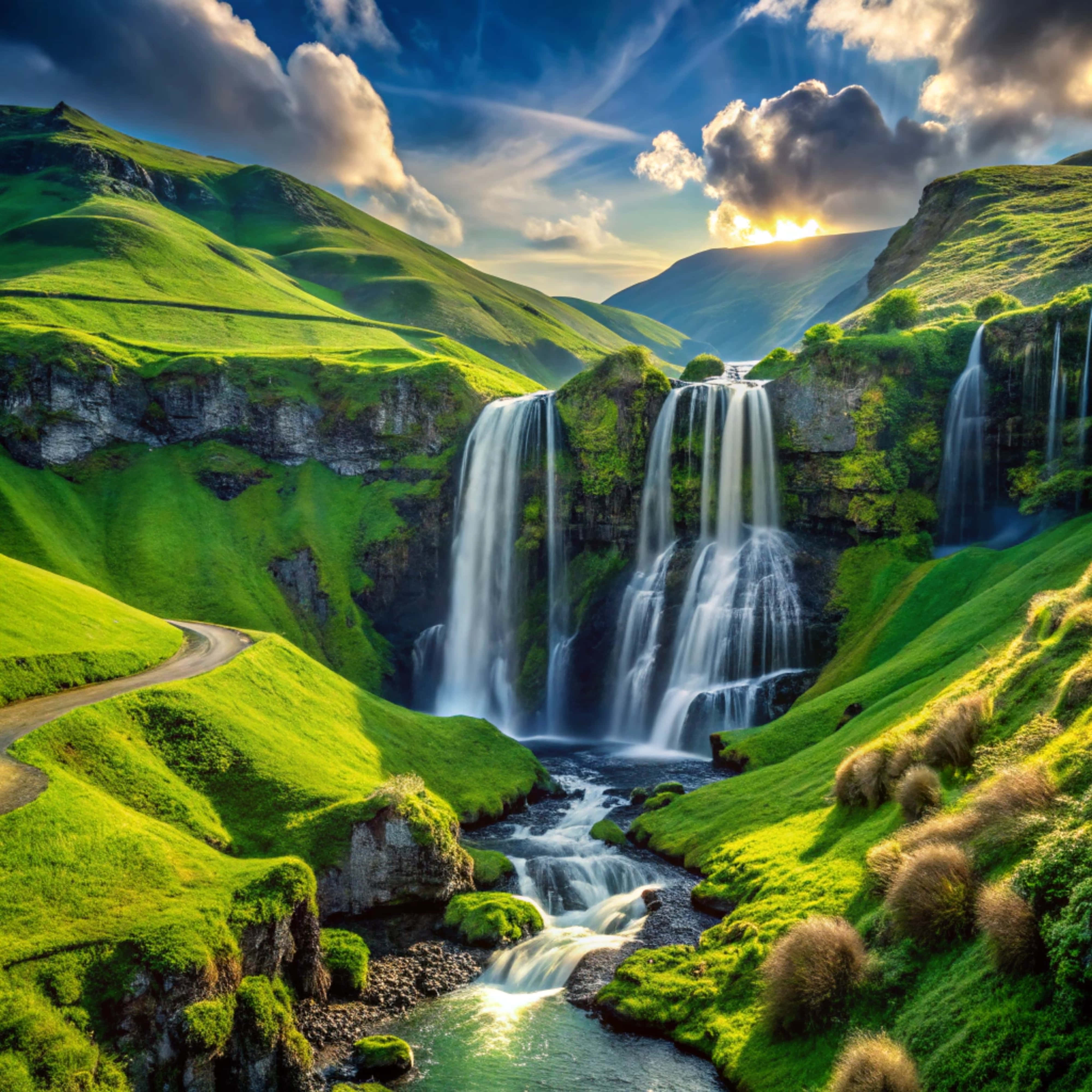 waterfall, river, winding road, 4K Desktop Wallpaper