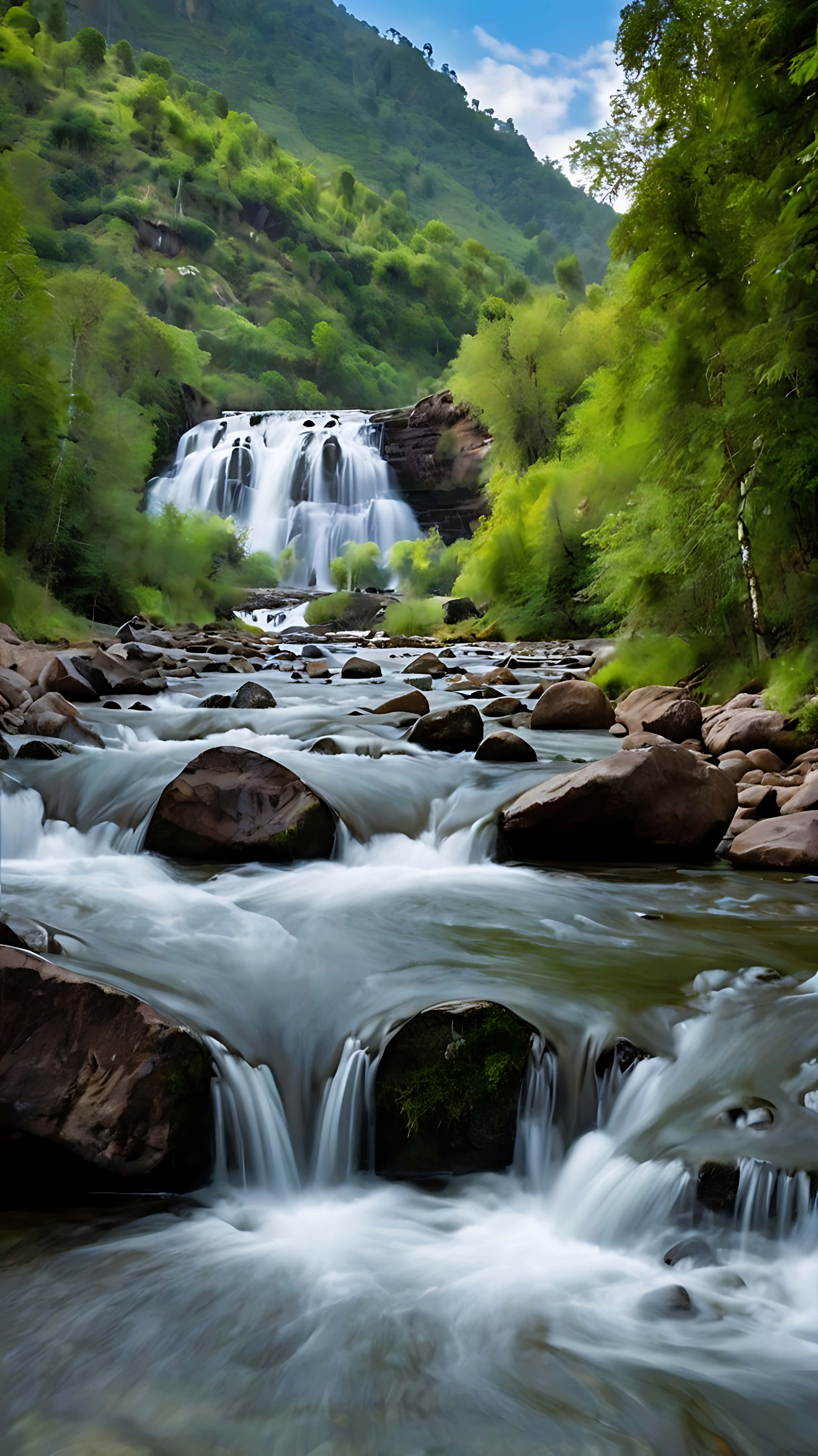 mountain stream, mossy rocks, frothy waterfall, 5K Phone Wallpaper