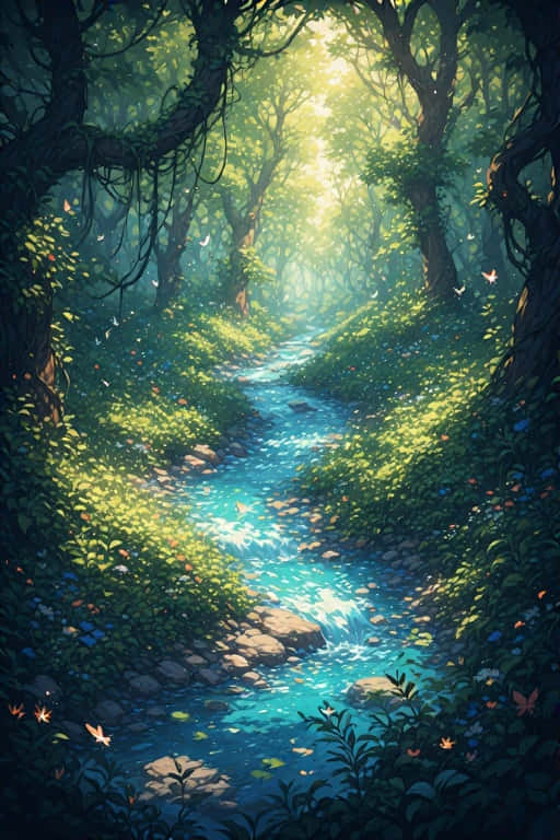 anime river, wild green forest, luminous turquoise stream, SD Phone Wallpaper