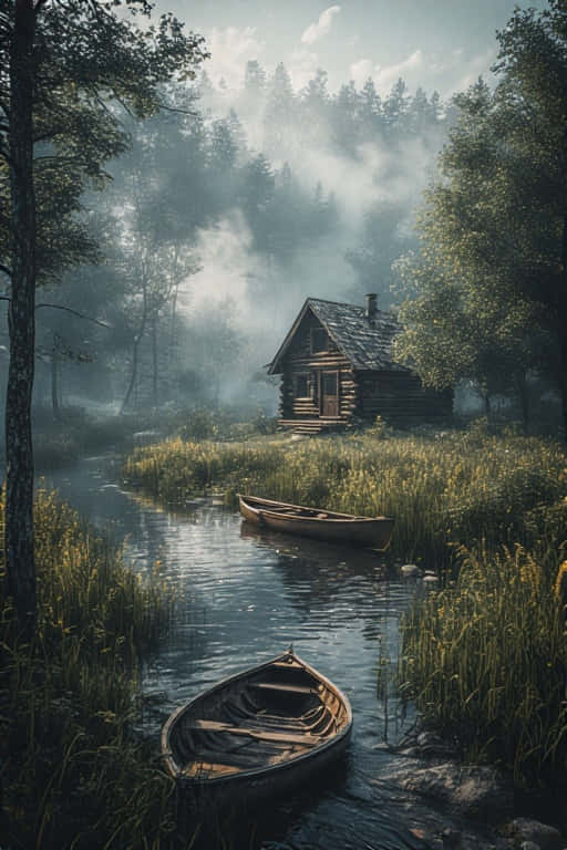 rustic log cabin, riverbank, misty forest stream, SD Phone Wallpaper