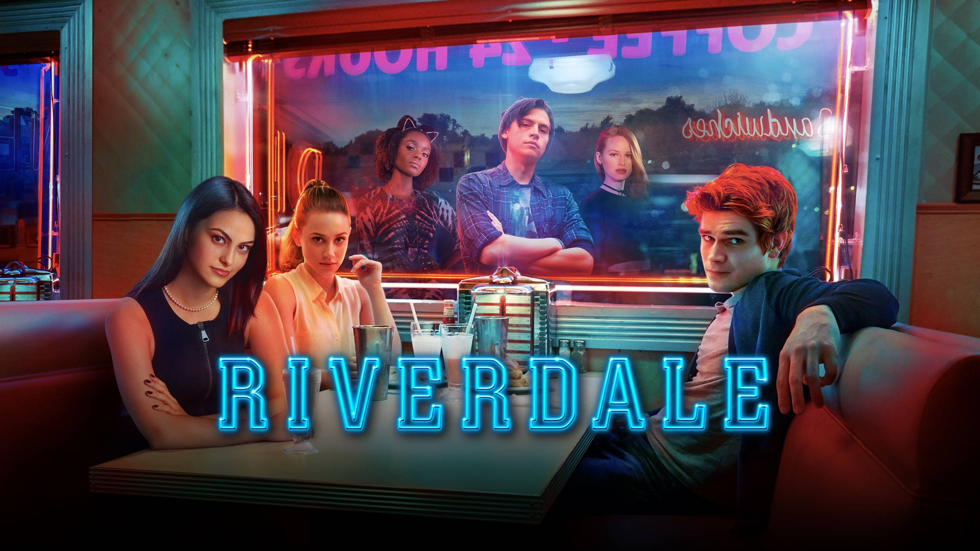 Riverdale, neon-lit diner booth, blue letters, Full HD Desktop Wallpaper