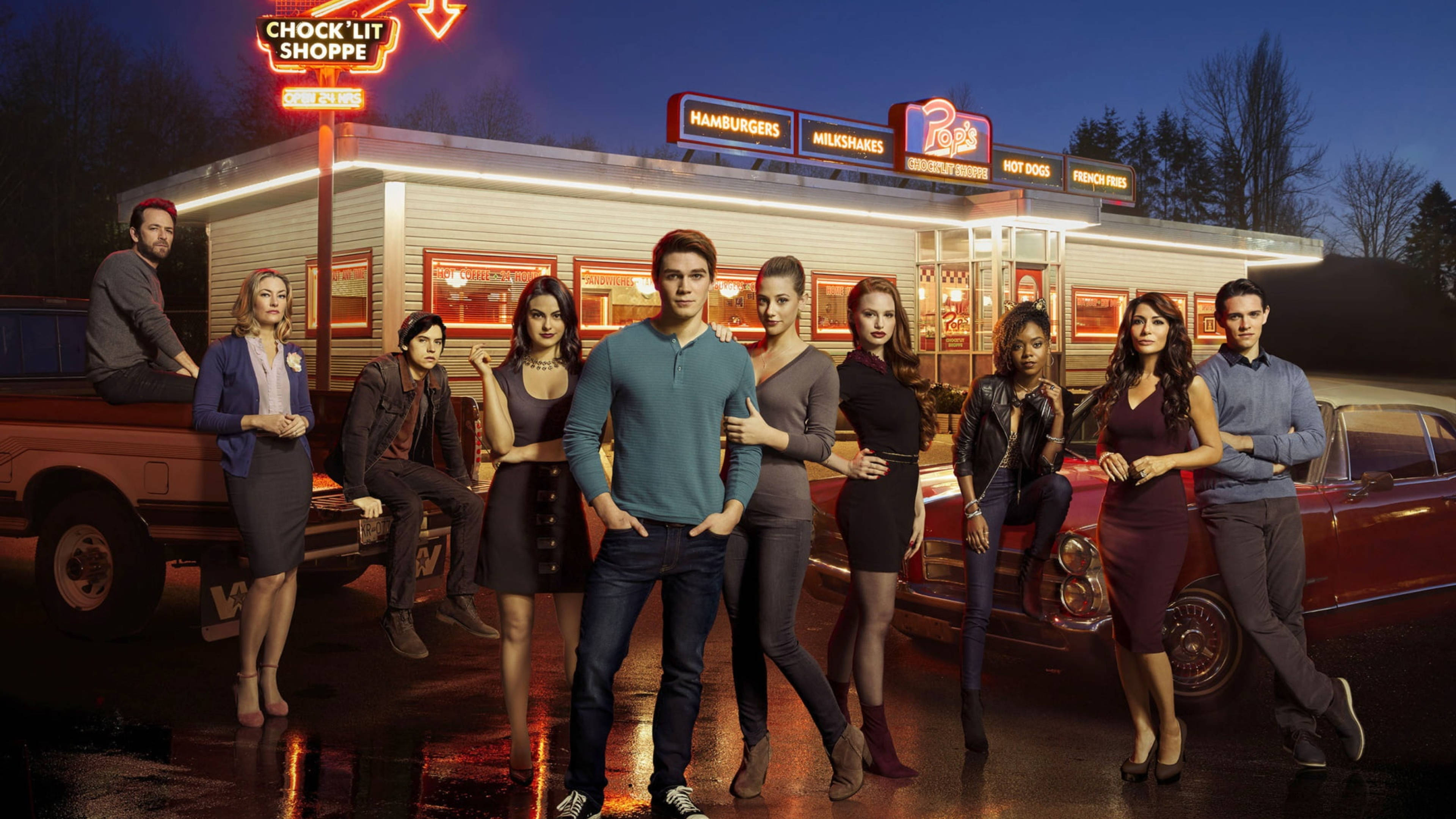 Riverdale, main characters, retro diner, 4K Desktop Wallpaper