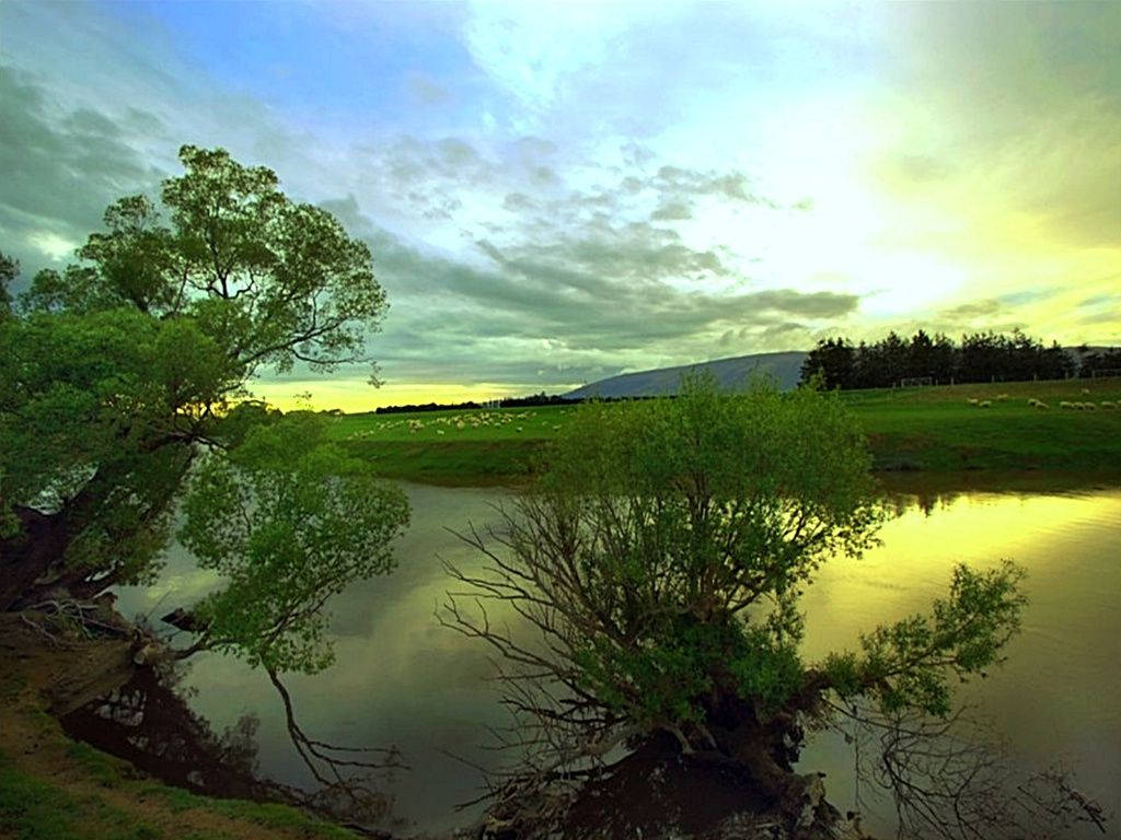 riverside, sunset, lush green valley, SD Desktop Wallpaper
