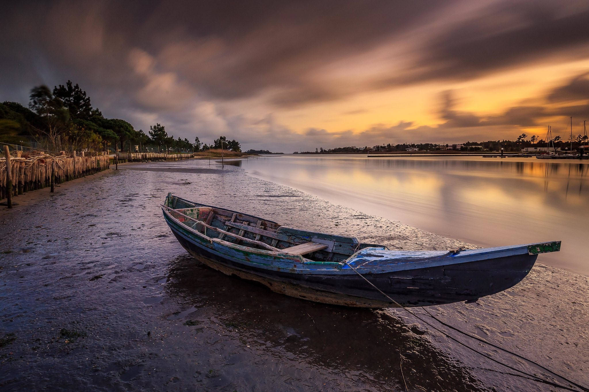 boat, riverside, sunset, Full HD Desktop Wallpaper