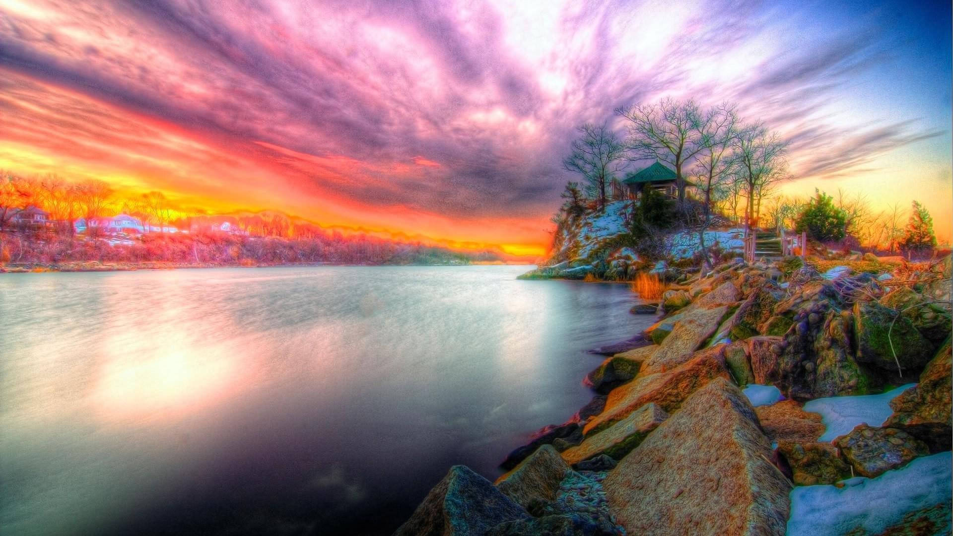 Riverside, sunset, winter sunset, Full HD Desktop Wallpaper