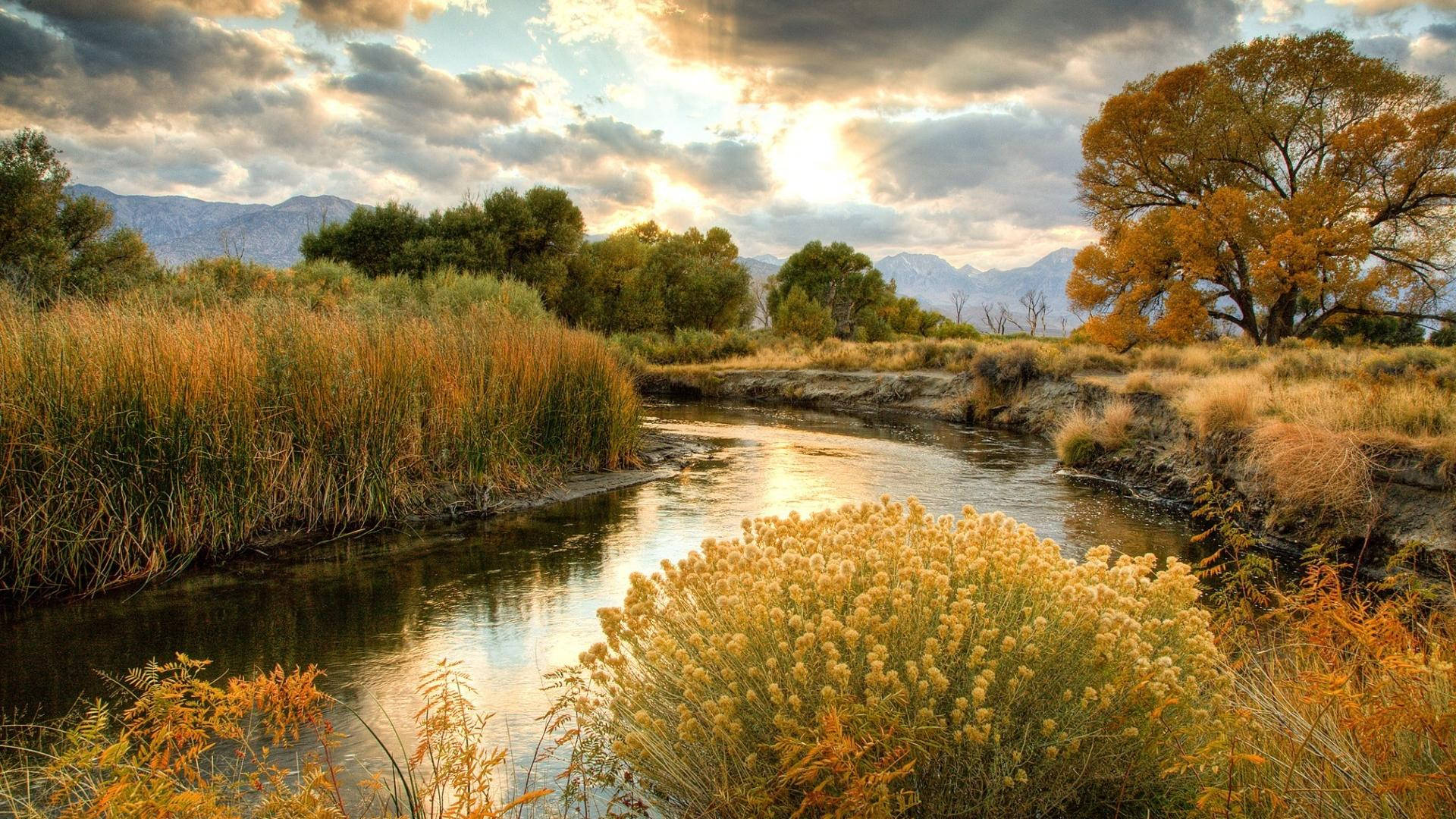 Riverside, golden sunset, cloudy day, Full HD Desktop Wallpaper