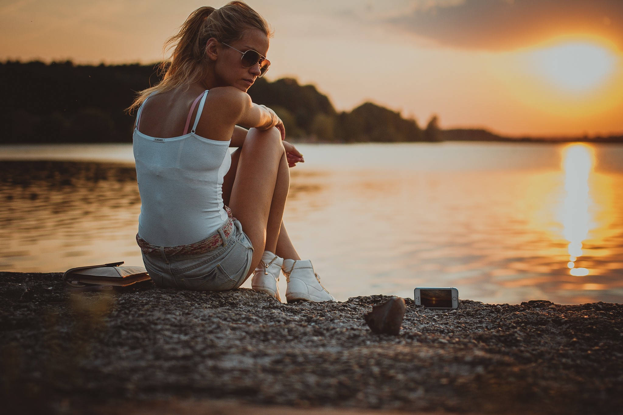 woman, lakeshore, sunset, Full HD Desktop Wallpaper