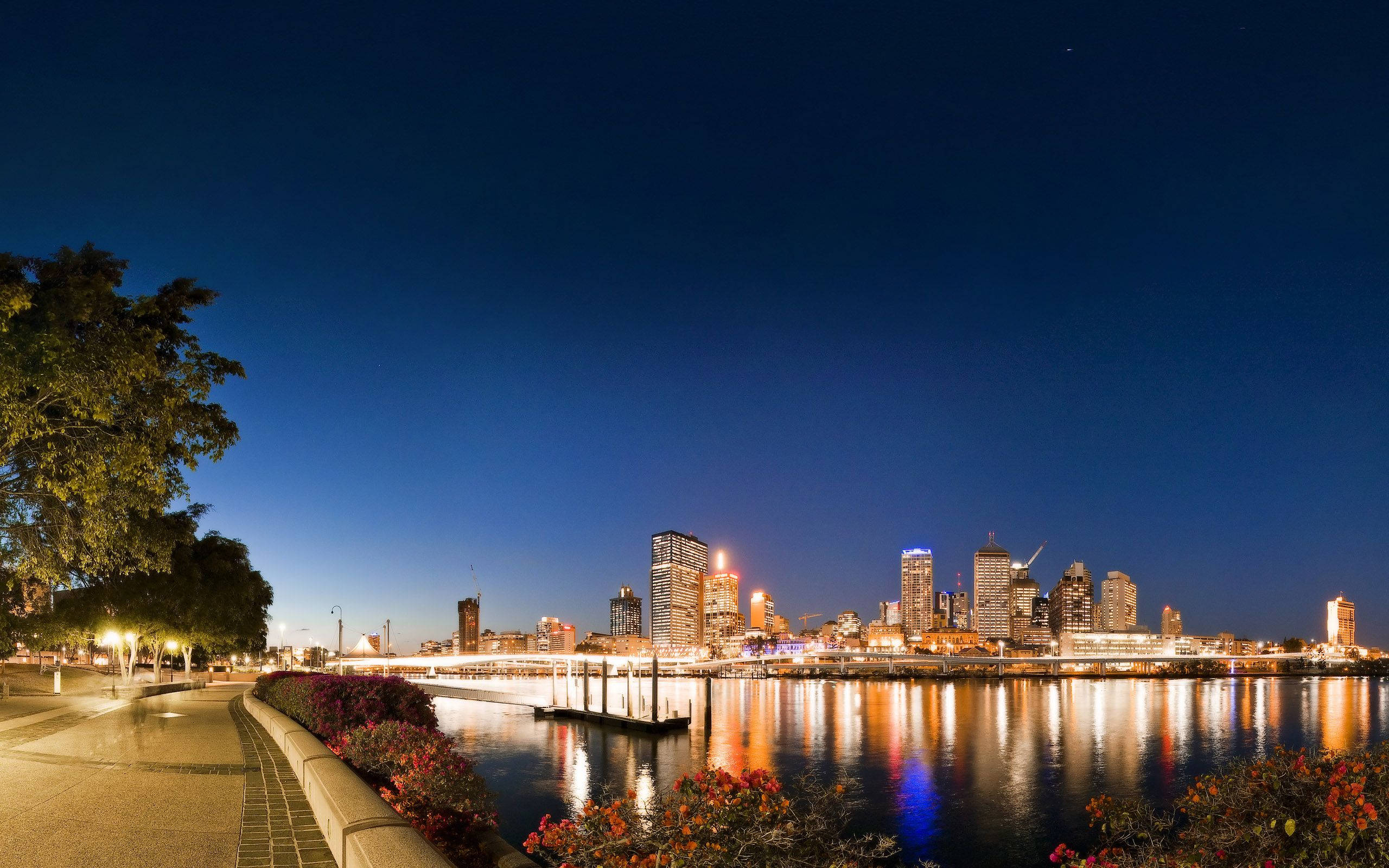 Riverside, concrete walkway, night, 2K Desktop Wallpaper
