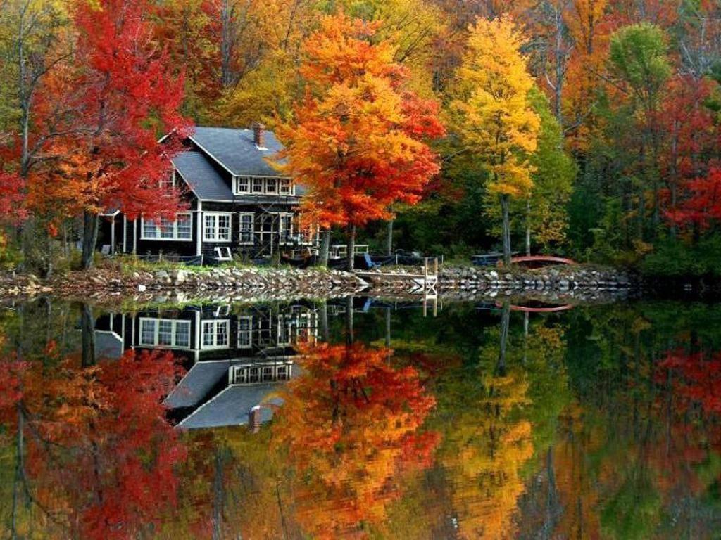 house on the riverside, autumn trees, calm lake, SD Desktop Wallpaper