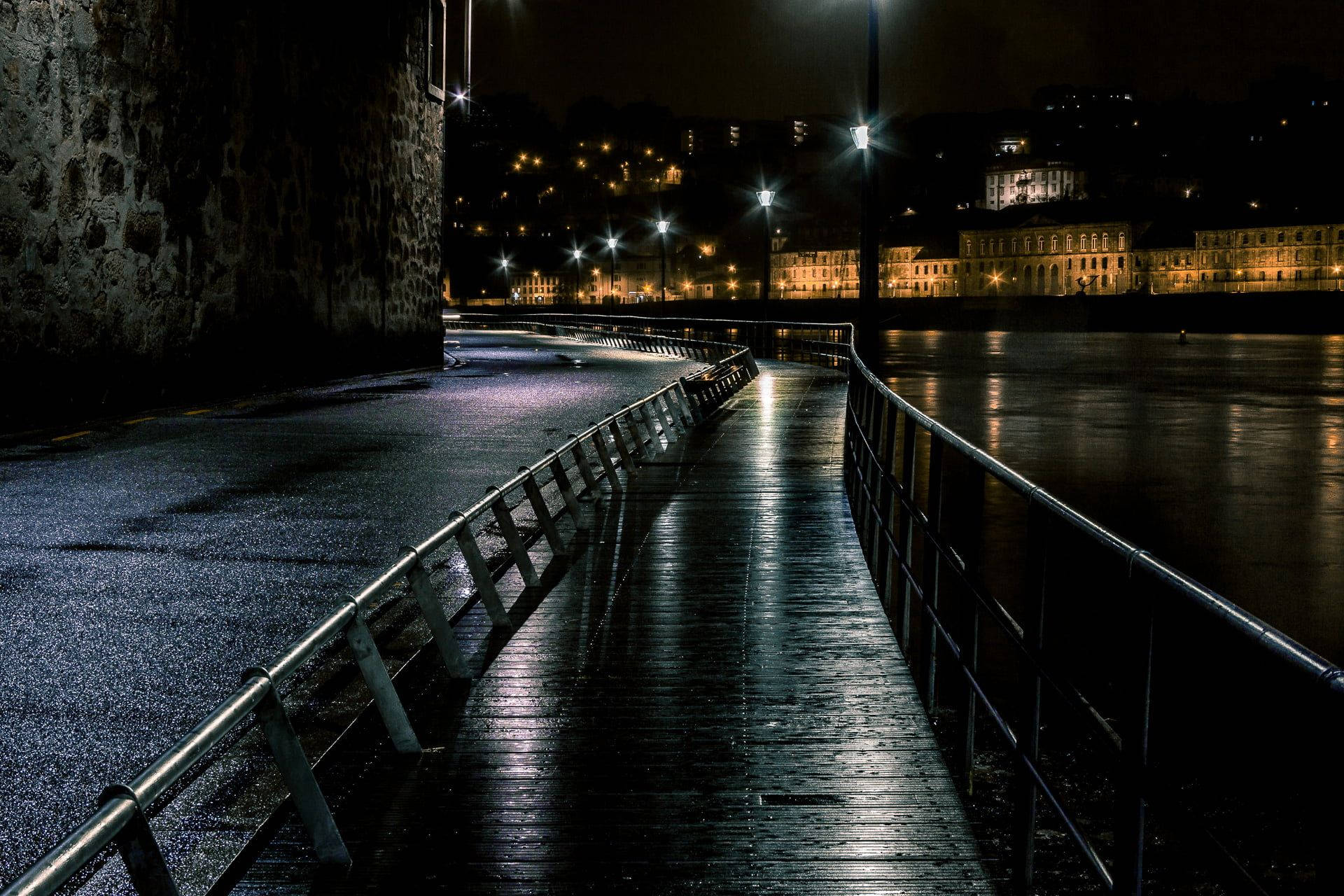 Riverside, walkway, night, Full HD Desktop Wallpaper