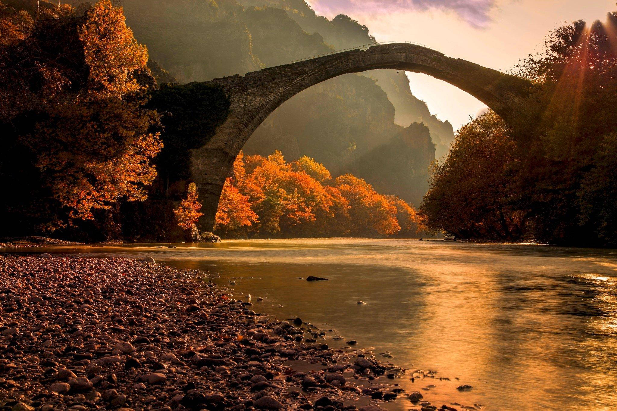 stone arch bridge, river, golden sunset, Full HD Desktop Wallpaper