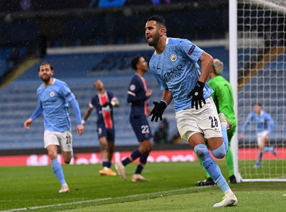 Riyad Mahrez, light blue jersey, rainy stadium field, SD Desktop Wallpaper