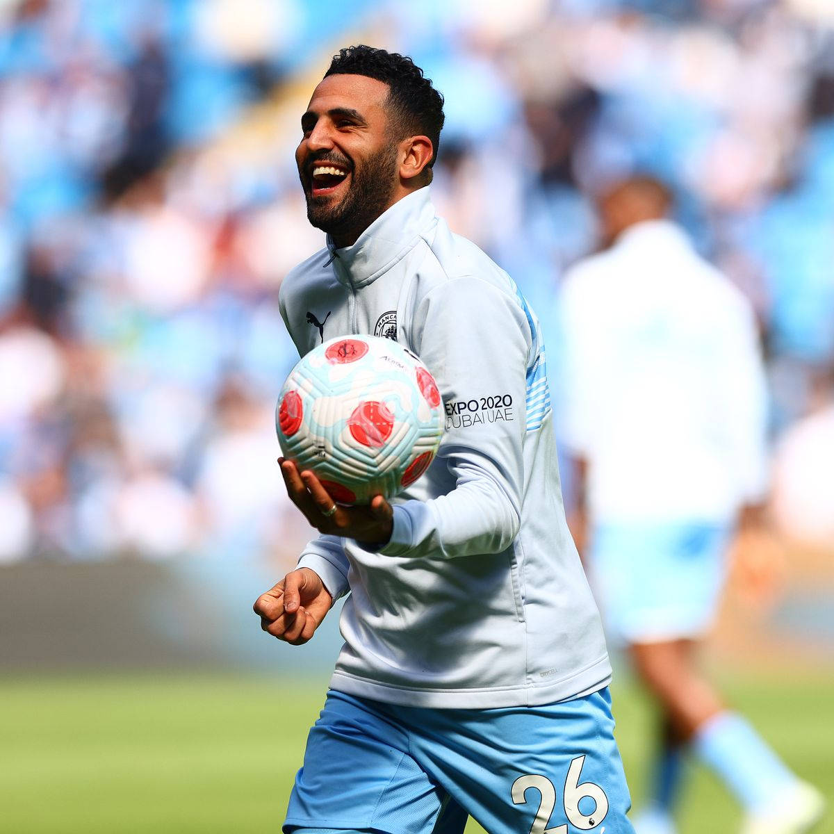 Riyad Mahrez, light blue kit, colorful match ball, SD Desktop Wallpaper