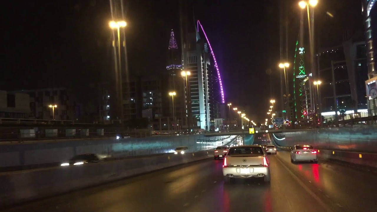 Riyadh, nighttime highway drive, glowing skyscrapers, HD Desktop Wallpaper