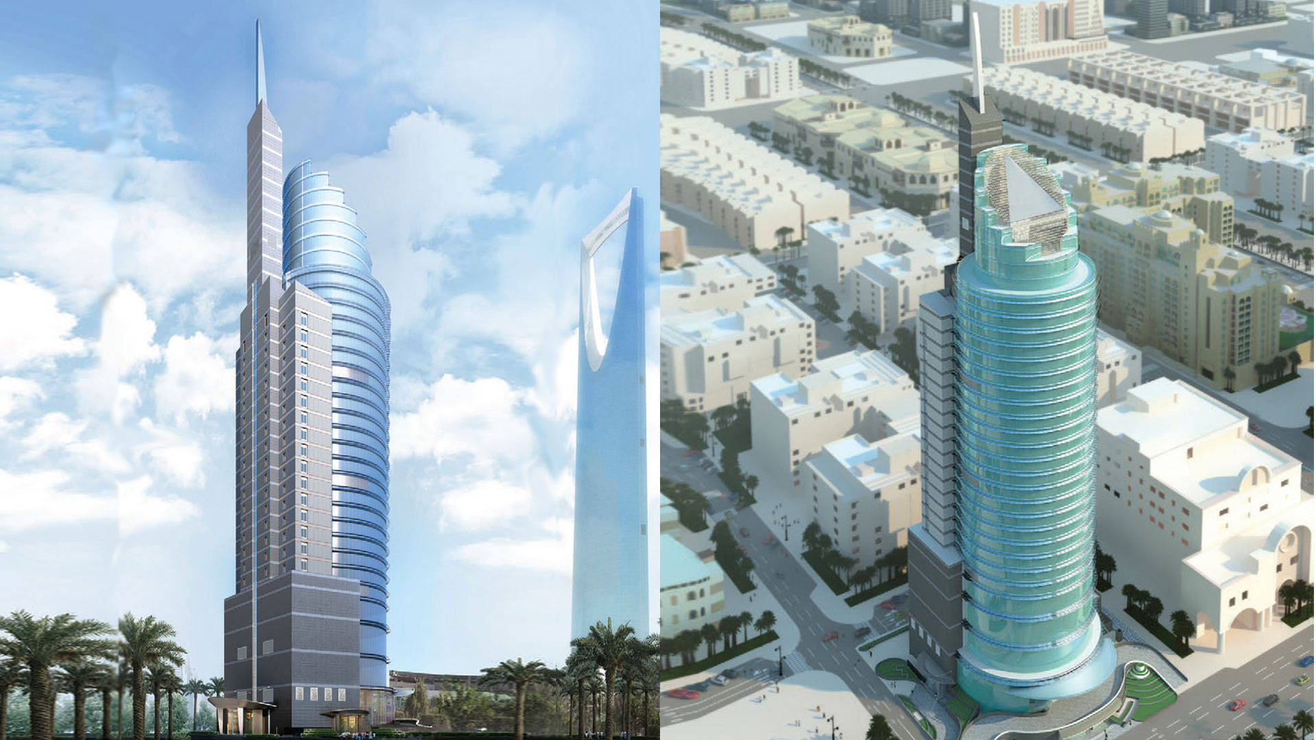 Riyadh, futuristic glass skyscraper, curved blue facade, Full HD Desktop Wallpaper