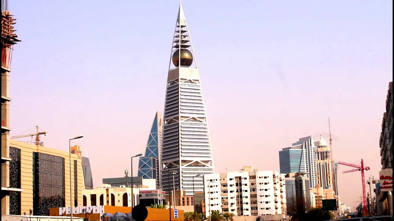 triangular tower, Riyadh, golden sphere, HD Desktop Wallpaper