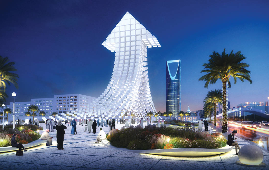 arrow-shaped sculpture, dusk, modern plaza, SD Desktop Wallpaper