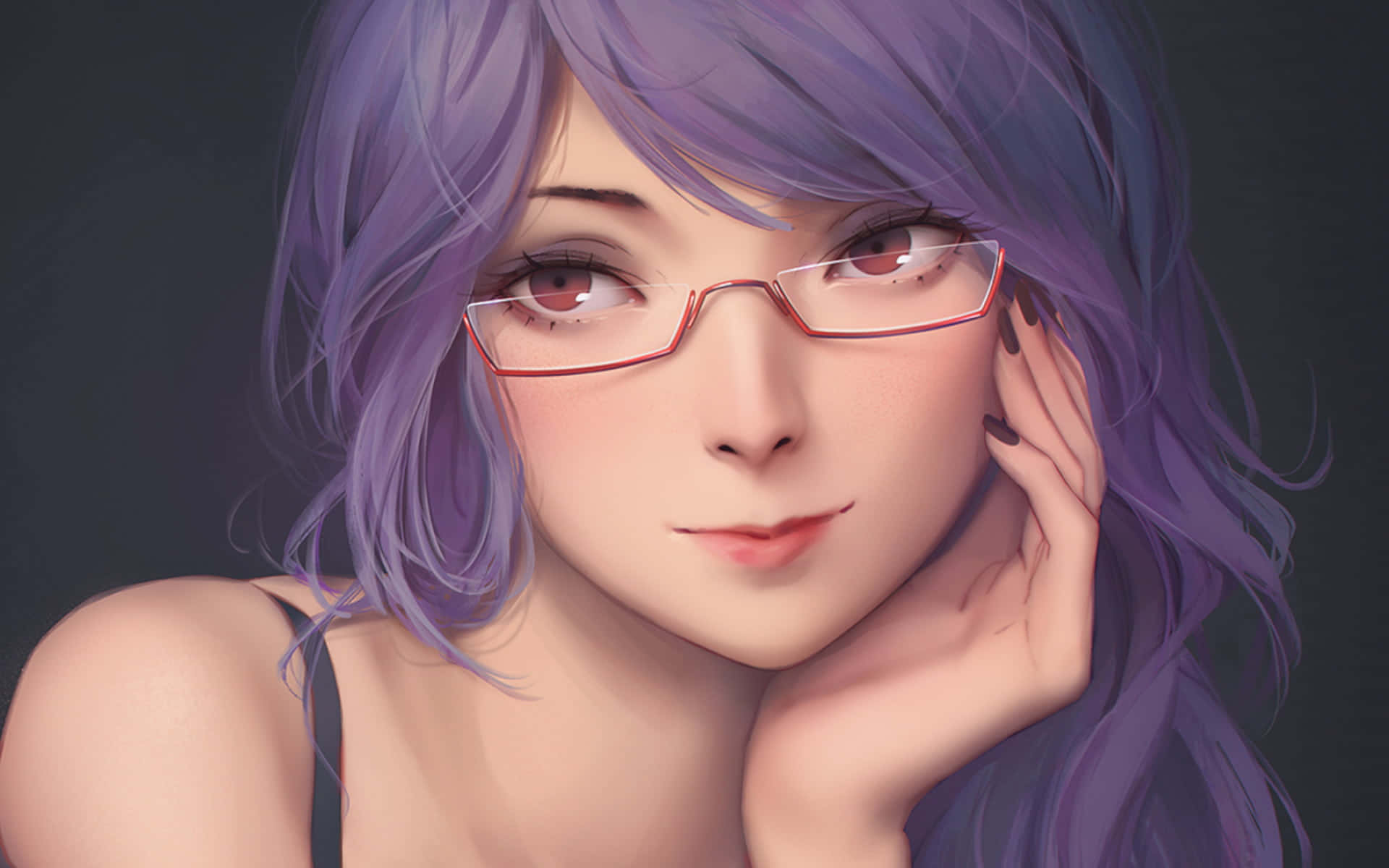 Rize Kamishiro, purple hair, red glasses, Full HD Desktop Wallpaper
