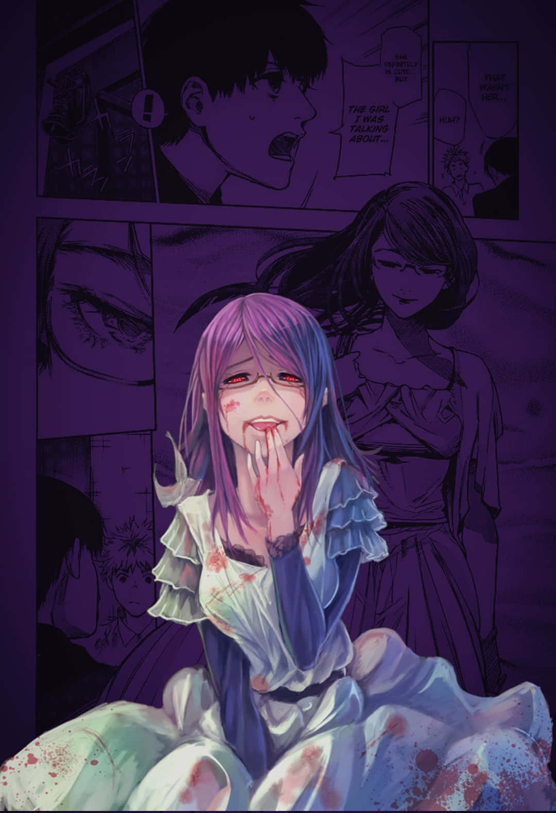 Rize Kamishiro, purple-haired anime girl, bloodied face and hand, HD Phone Wallpaper