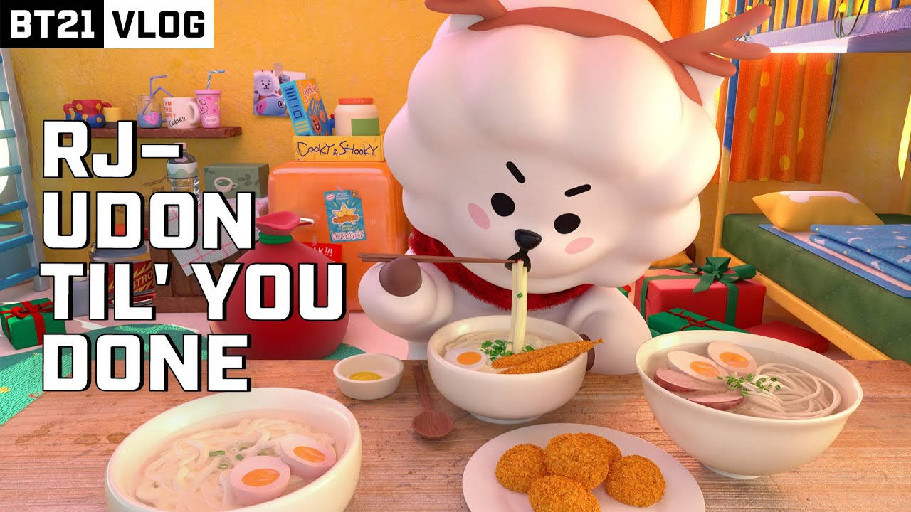 Rj Bt21, udon noodles, fluffy white cartoon character, HD Desktop Wallpaper