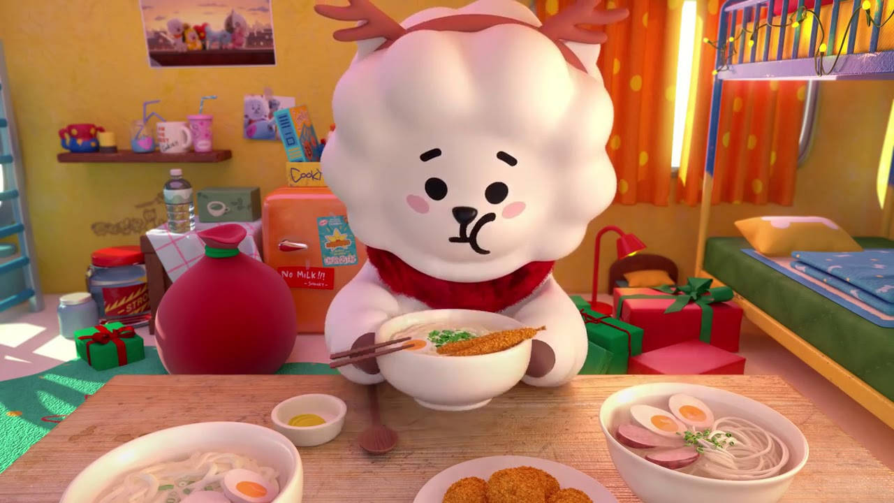 Rj Bt21, fluffy white cartoon reindeer, antlers, HD Desktop Wallpaper