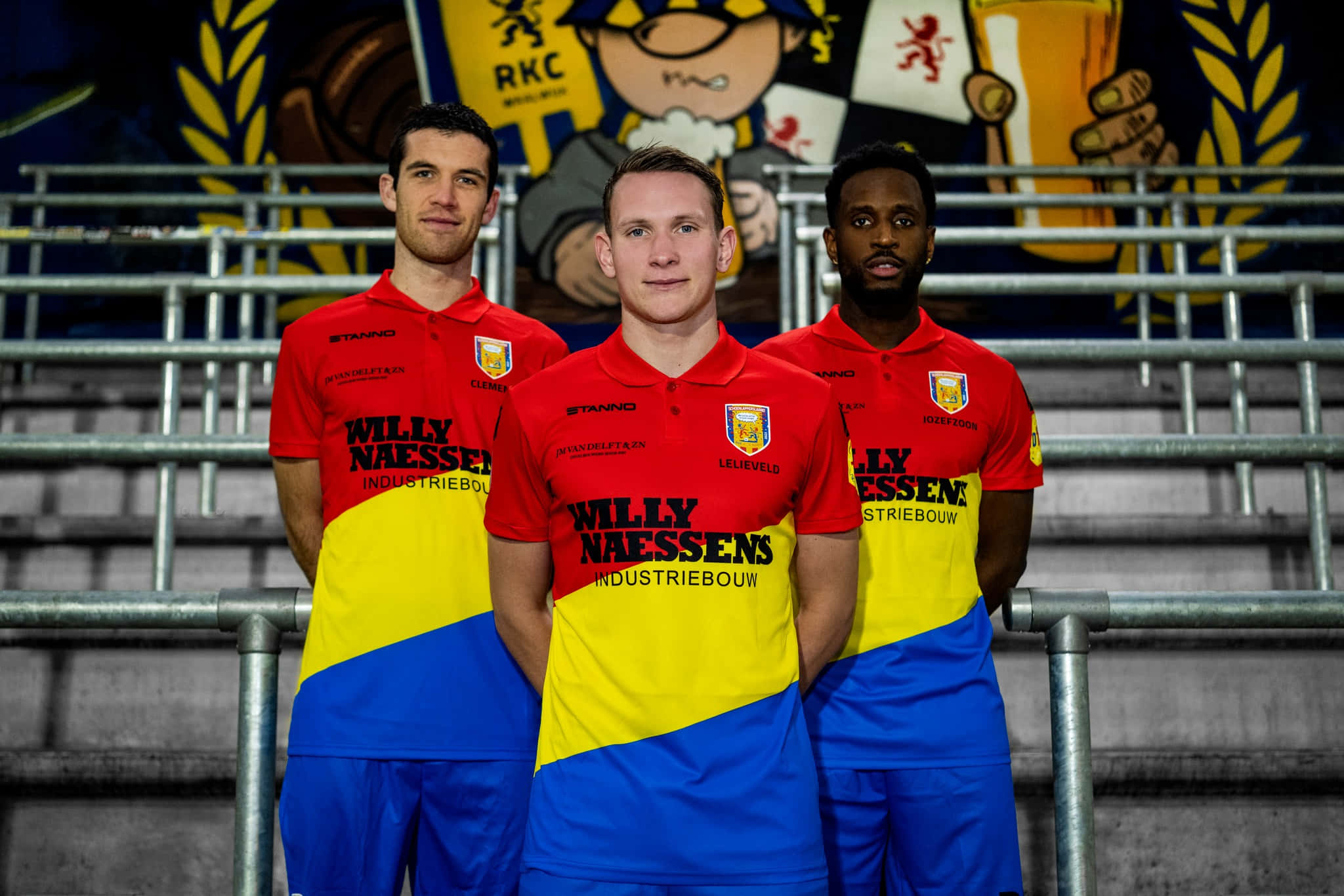 RKC Waalwijk, red yellow and blue striped jerseys, stadium mural, Full HD Desktop Wallpaper