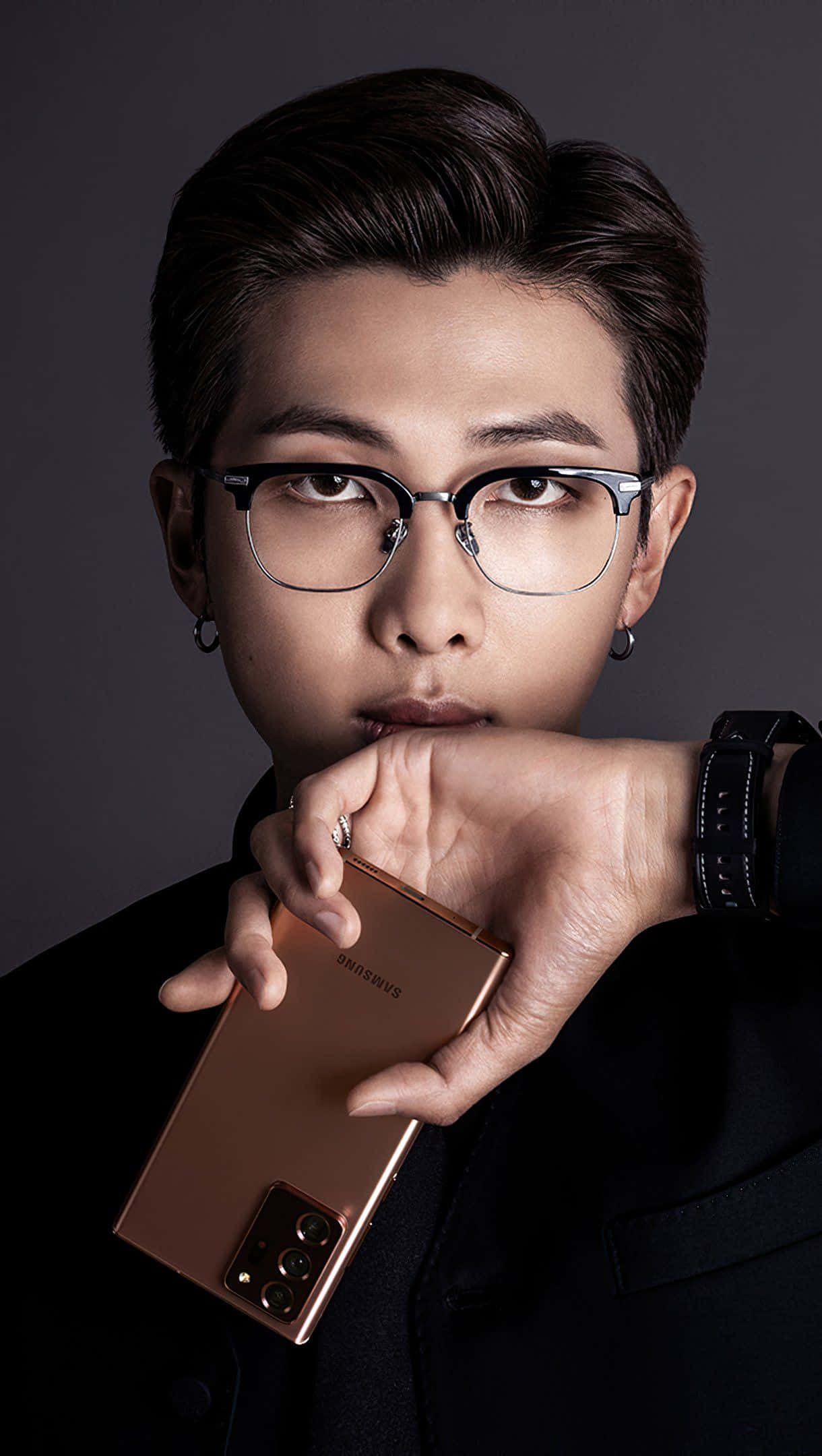 RM, rose gold Samsung phone, glasses, Full HD Phone Wallpaper