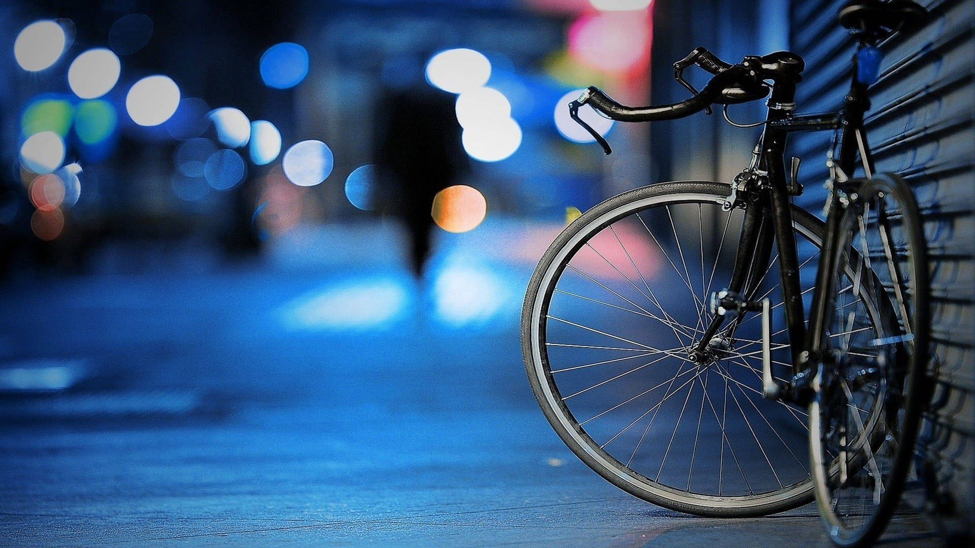 black bicycle, metal shutter, wet city street, Full HD Desktop Wallpaper