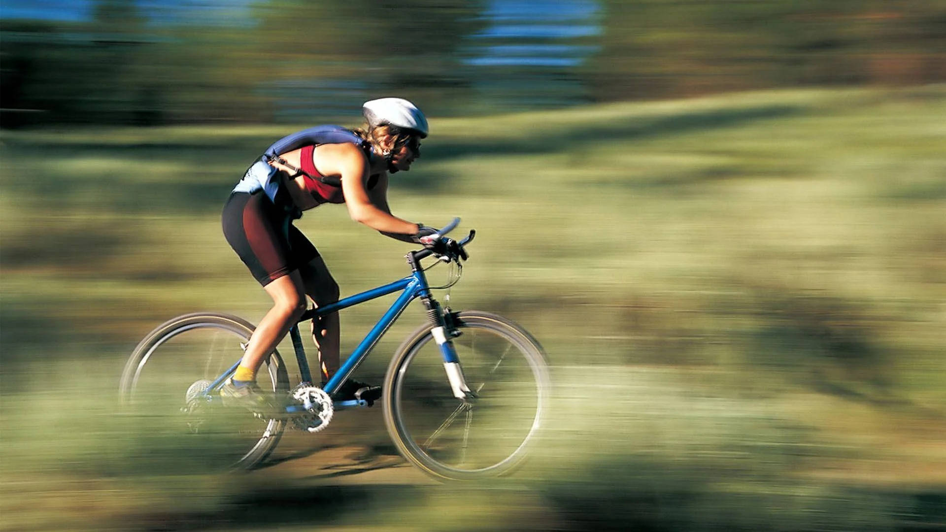 blue bike, green field, bright sunlight, Full HD Desktop Wallpaper
