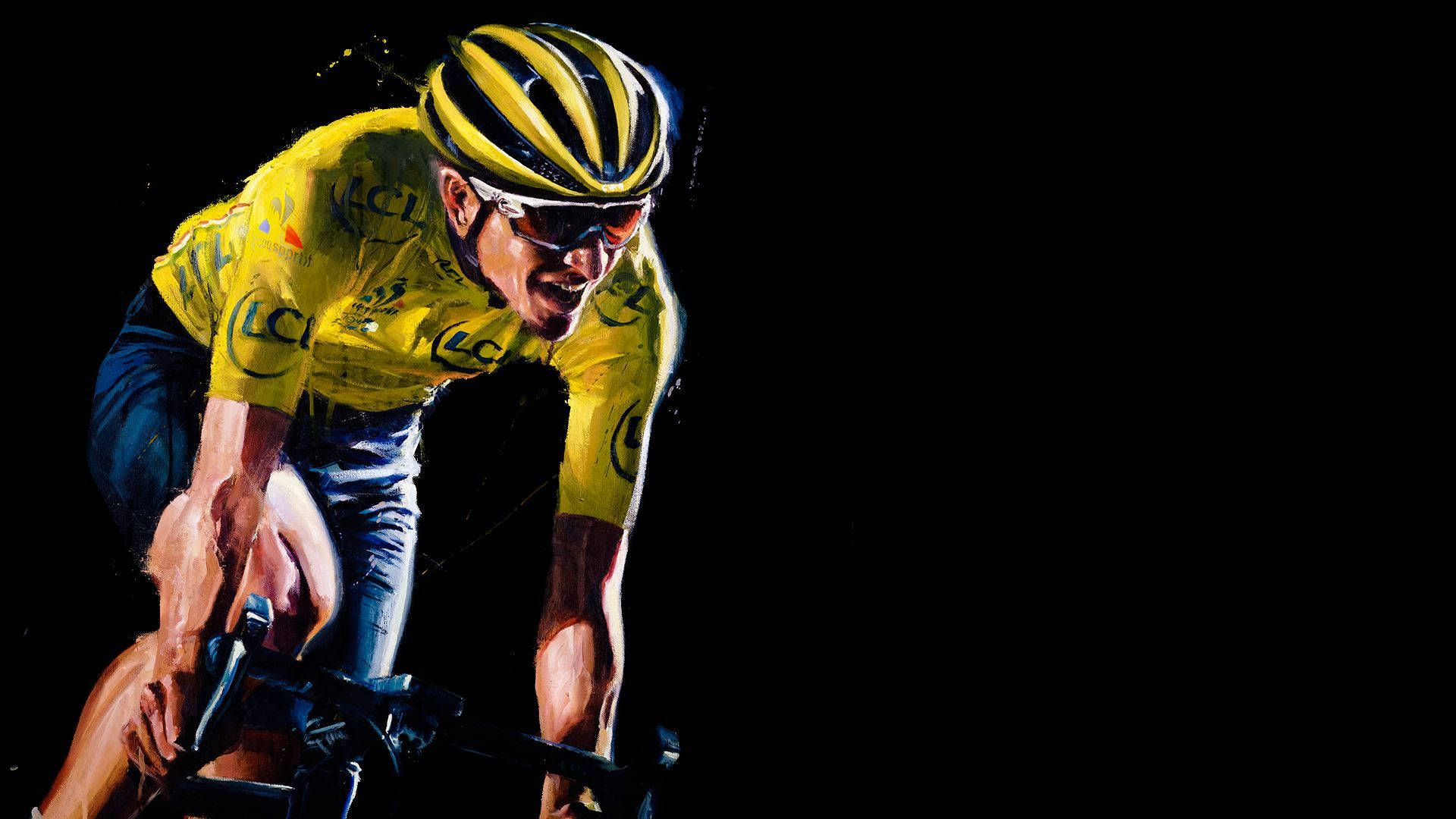 yellow jersey, sweaty road bike rider, stark black background, Full HD Desktop Wallpaper