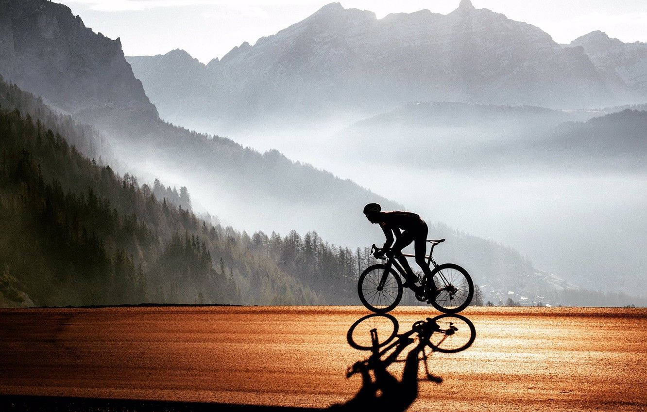 road bike, foggy mountain, golden field, HD Desktop Wallpaper