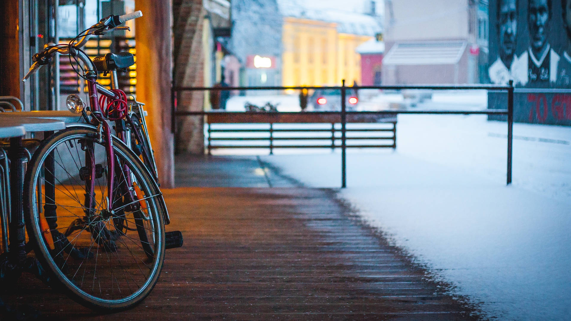 purple bicycle, table, snowy wooden sidewalk, Full HD Desktop Wallpaper
