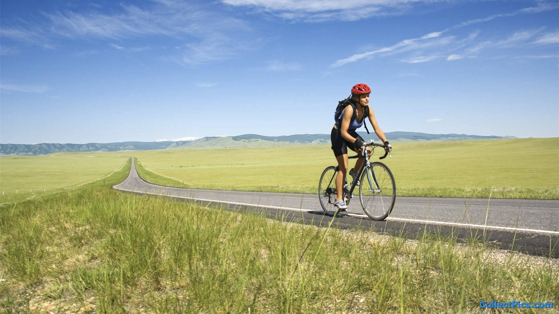 Farm Land Trail Road Bike, red helmet, winding road, Full HD Desktop Wallpaper