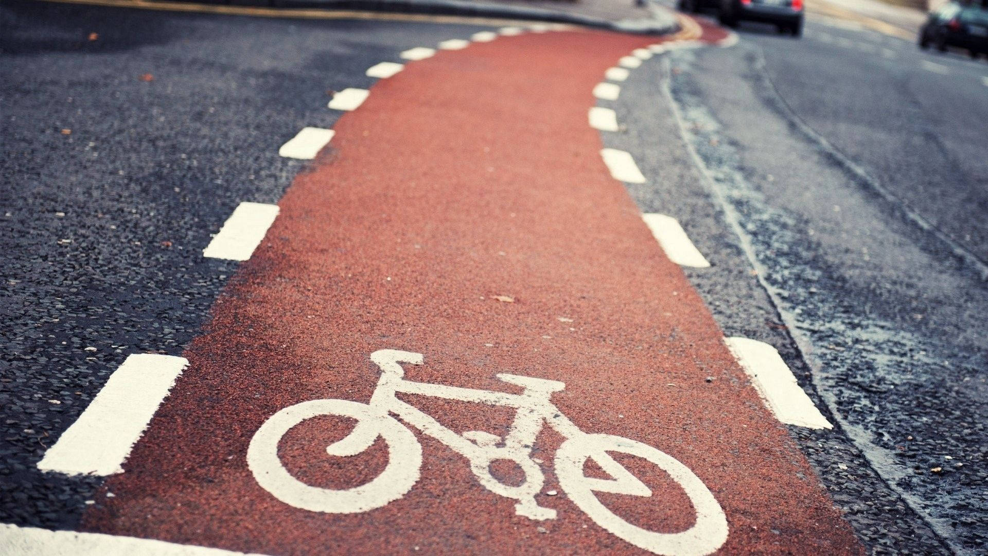 red bicycle lane, white bike symbol, asphalt, Full HD Desktop Wallpaper