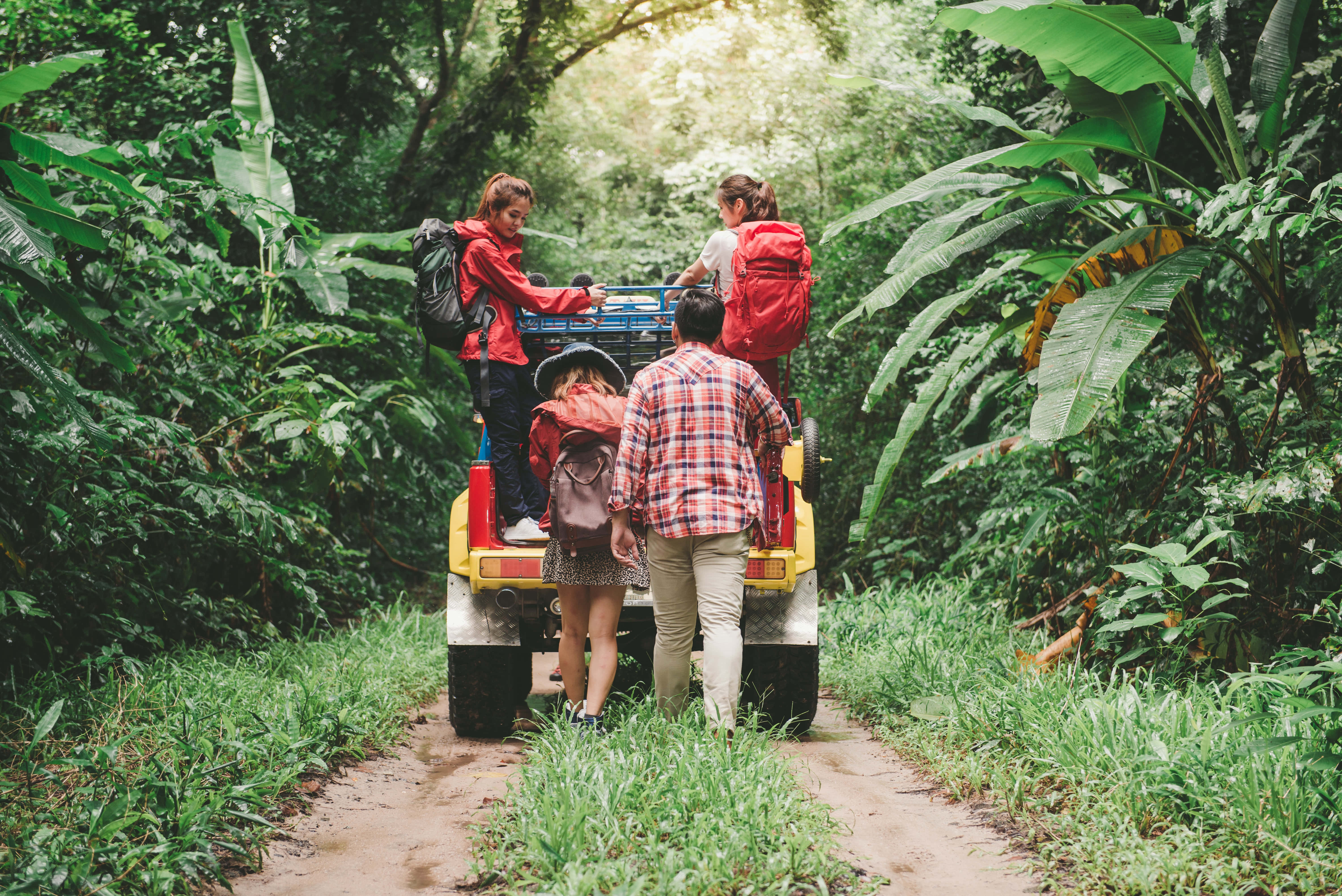 red jackets, yellow jeep, muddy jungle trail, 5K Desktop Wallpaper