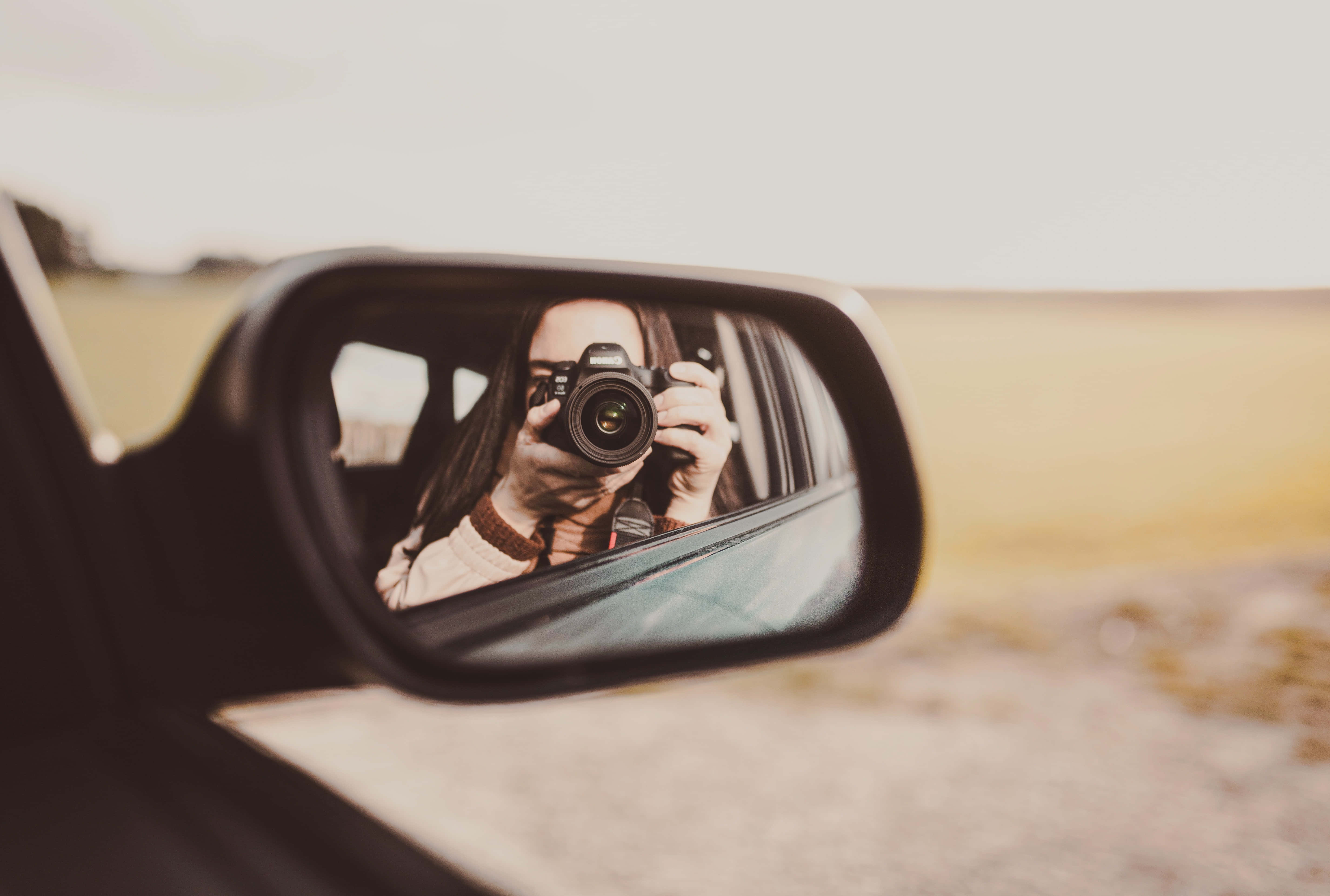 Road Trip, DSLR camera, car's side mirror, 5K Desktop Wallpaper