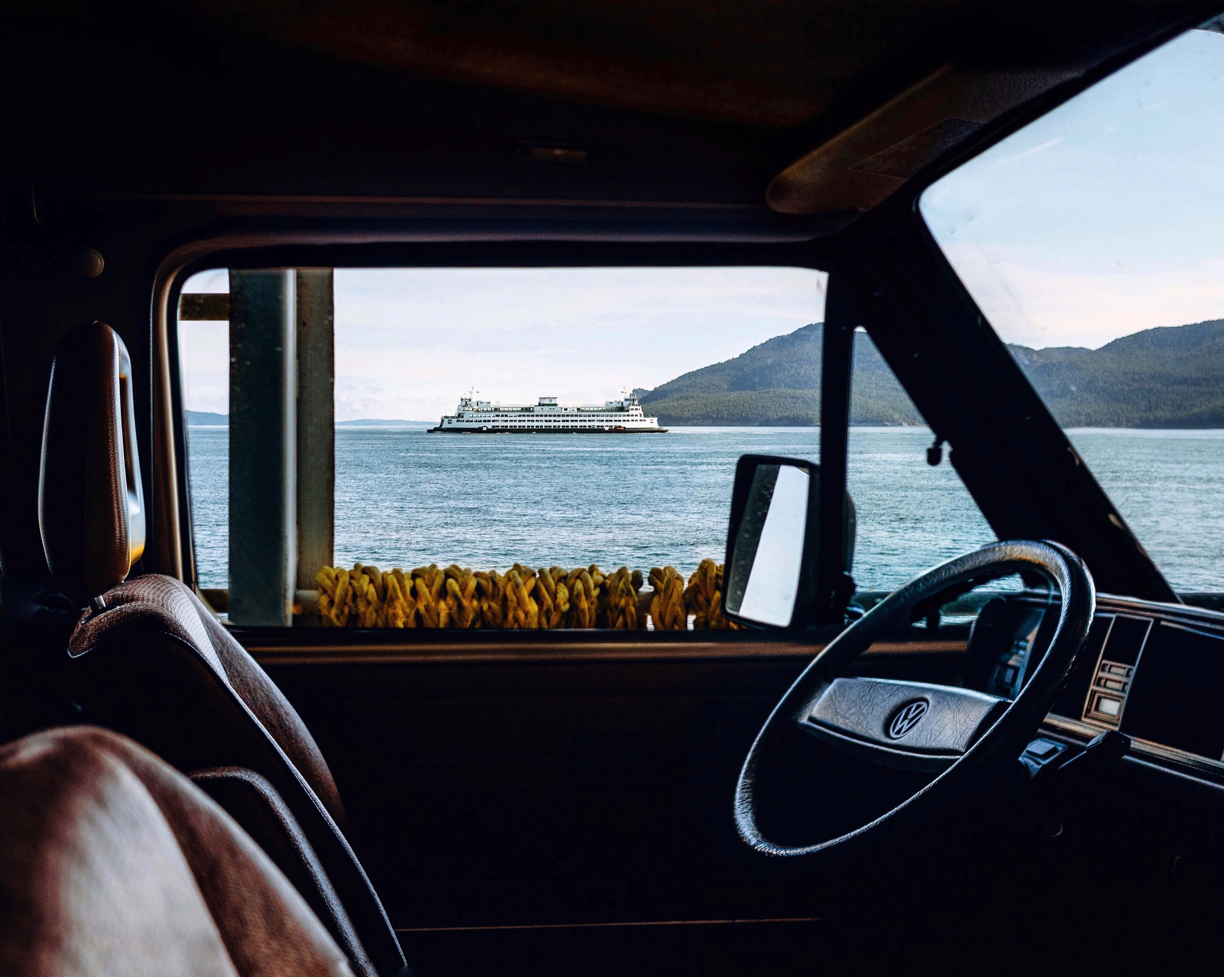 vintage VW van, ferry, calm blue waters, 4K Desktop Wallpaper