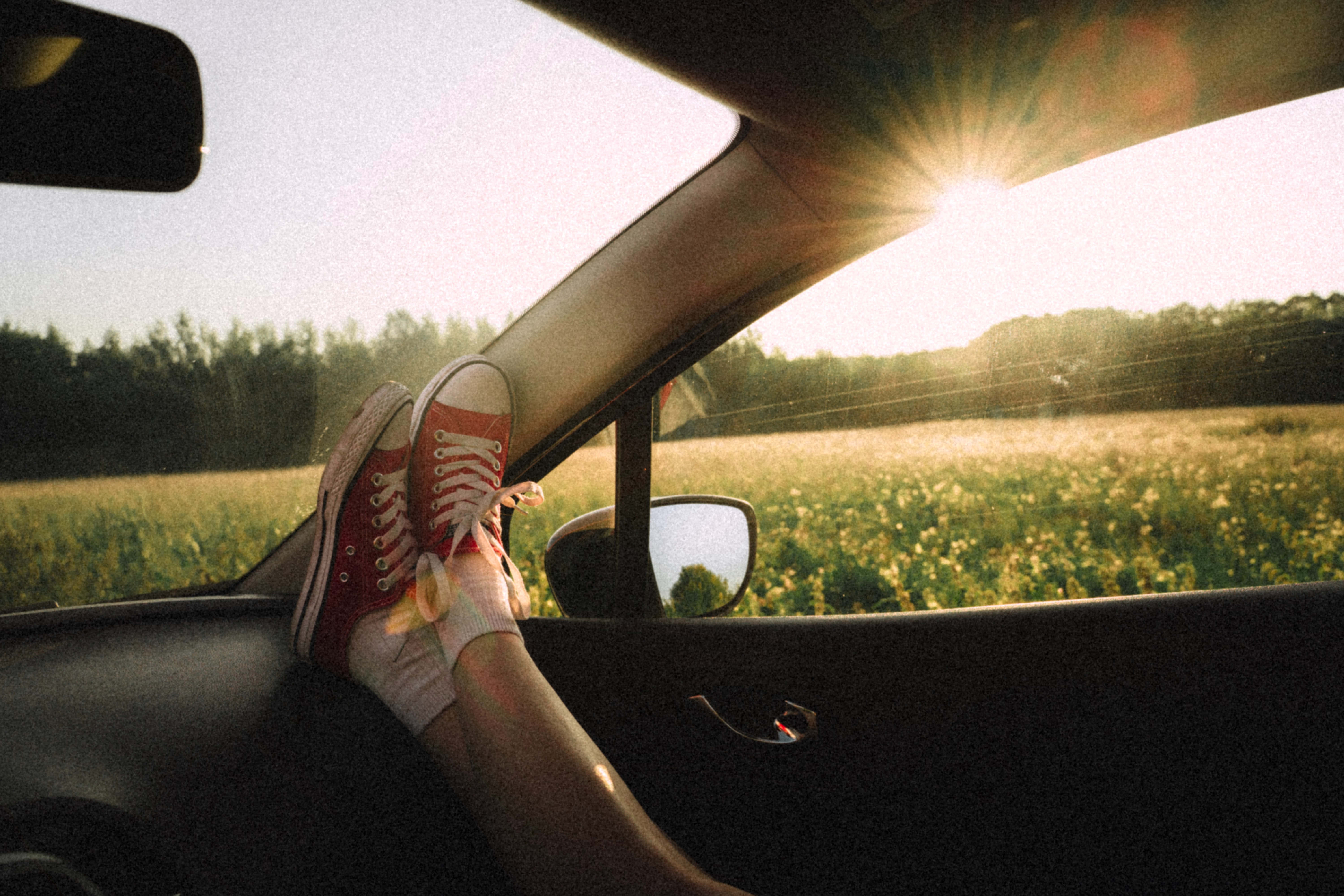 Road Trip, red sneakers, car door, 5K Desktop Wallpaper