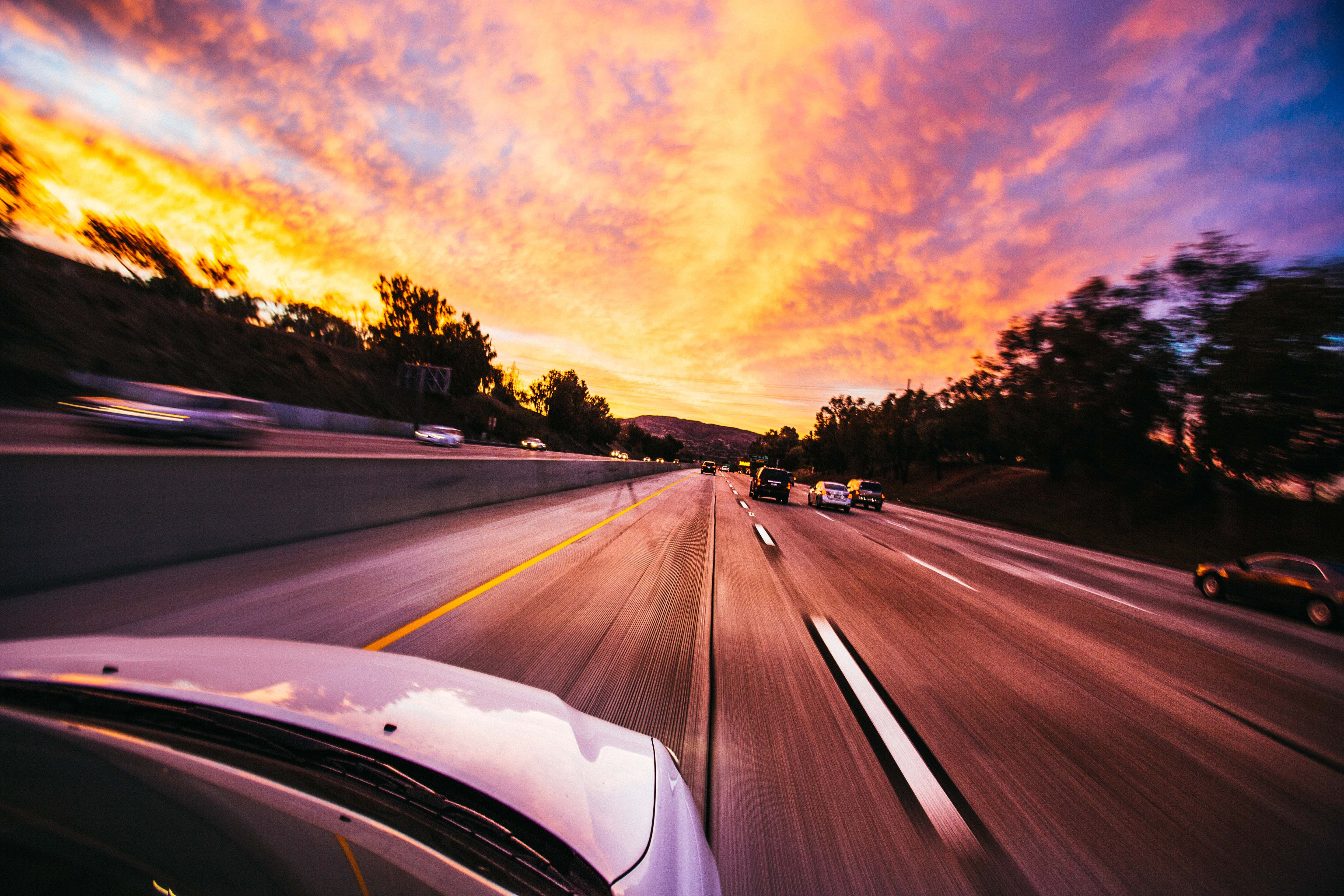 Road Trip, highway, sunset, 5K Desktop Wallpaper