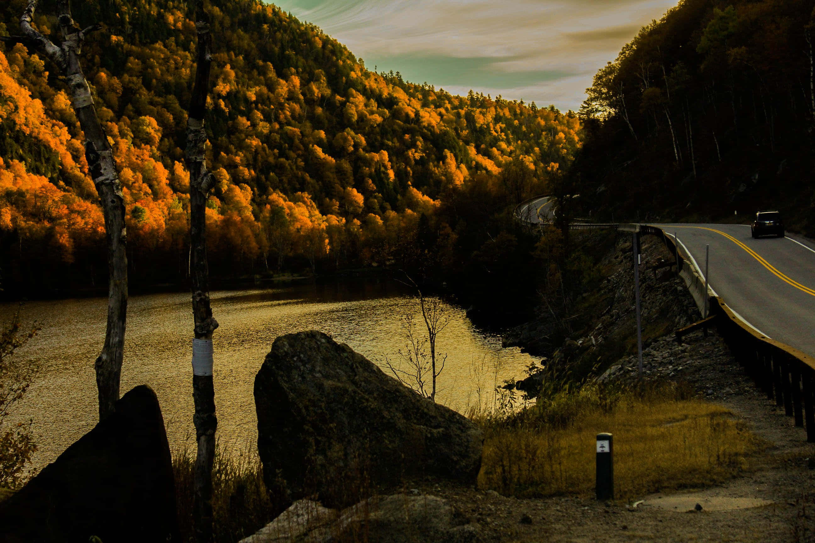 Placid Road Along A Lake, lake, sunset, 2K Desktop Wallpaper