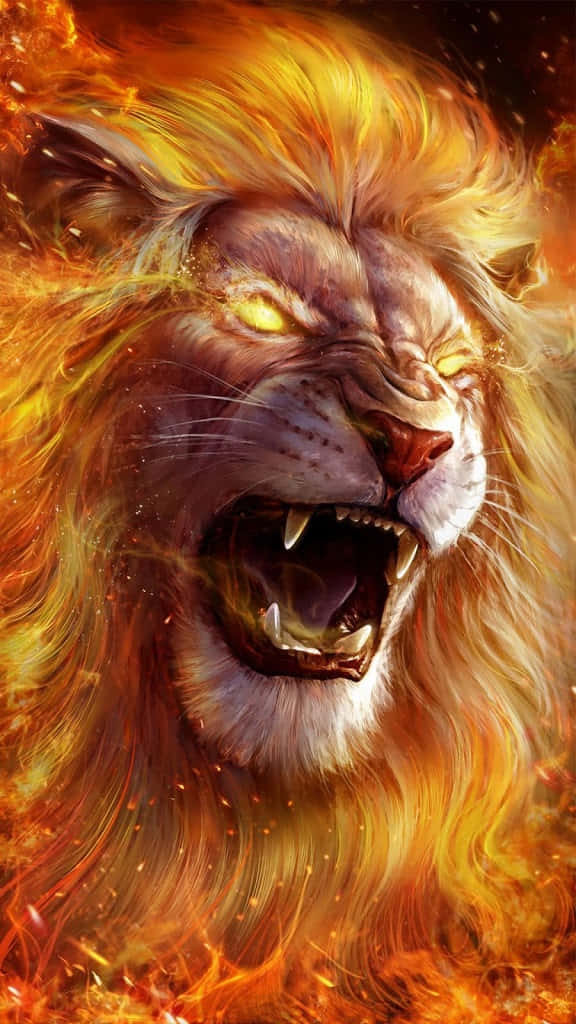roaring lion, flames, glowing eyes, SD Phone Wallpaper