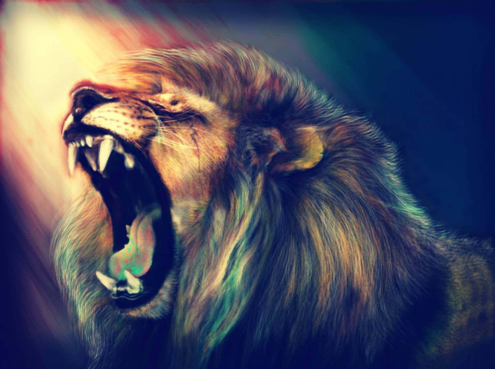 Roaring Lion, glowing eyes, vibrant teal and gold fur, Full HD Desktop Wallpaper