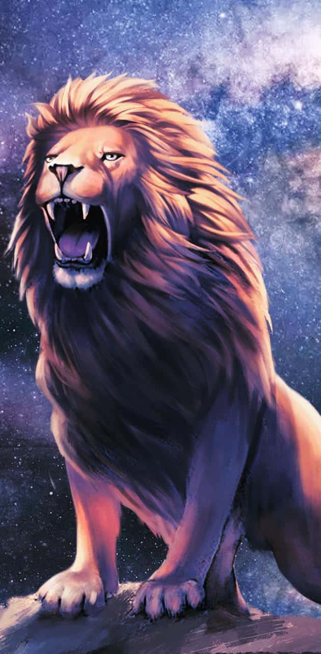 Roaring Lion, starry sky, glowing mane, HD Phone Wallpaper
