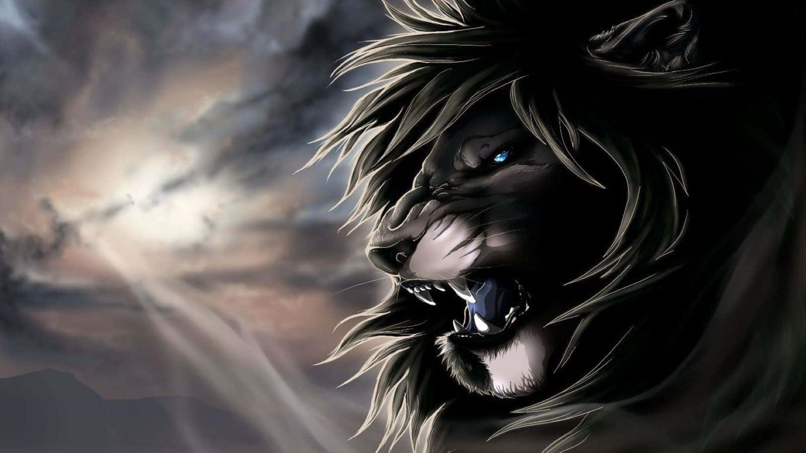 Black Lion, glowing blue eyes, stormy twilight sky, HD Desktop Wallpaper