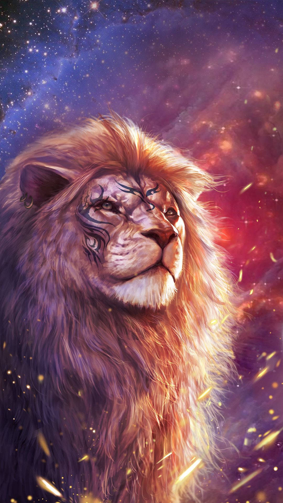 Roaring Lion, cosmic tattoos, vibrant nebula, Full HD Phone Wallpaper