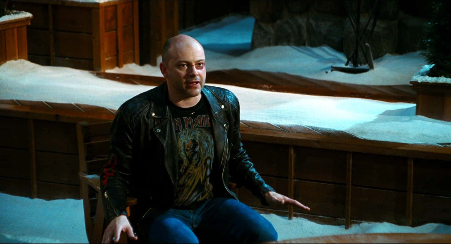 Rob Corddry, leather jacket, wooden bench, HD Desktop Wallpaper